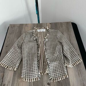Trina Turk Women’s Fringe Tweed Open Blazer Jacket Rhinestone Buttons USA 6